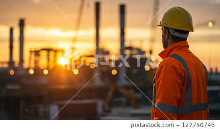 A construction worker wearing an orange safety vest and yellow hard hat stands on a construction site. 127750746