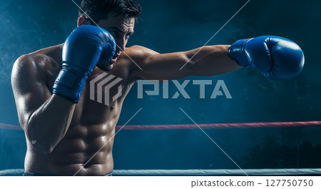 Intense close-up of a male boxer wearing blue gloves in the ring, captured mid-punch with dynamic energy and dramatic lighting. 127750750