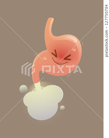Funny cartoon stomach releasing gas with a puff of relief and humor. 127750784