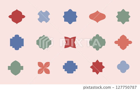 Mosaic oriental style simple geometric ceramic tile shapes. Cute eastern lantern, window silhouette logo templates. Vector floral patterns. Mosaic oriental style simple geometric ceramic tile shapes. Cute eastern lantern, window silhouette logo templates. Vector floral patterns. 127750787