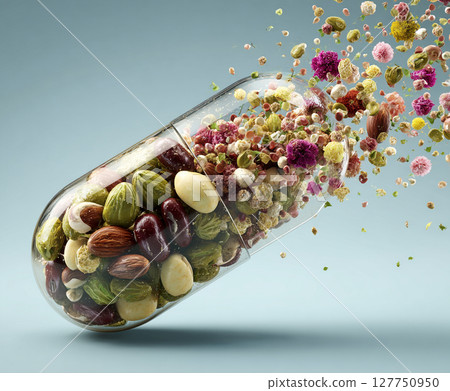 Transparent capsule filled with fruits, nuts, lentils, beans, flowers, herbs on white background, top view, 3d rendering style, realistic texture, high resolution 127750950