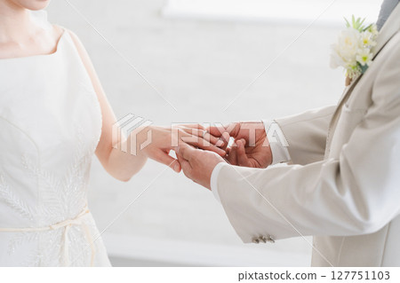 新郎新娘交換戒指的婚禮形象 127751103