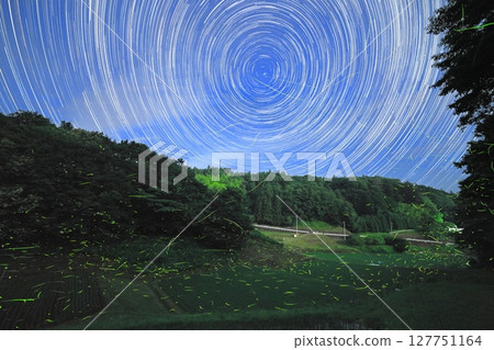 The trail of the northern star and the trail of fireflies dancing over the rice terraces 127751164