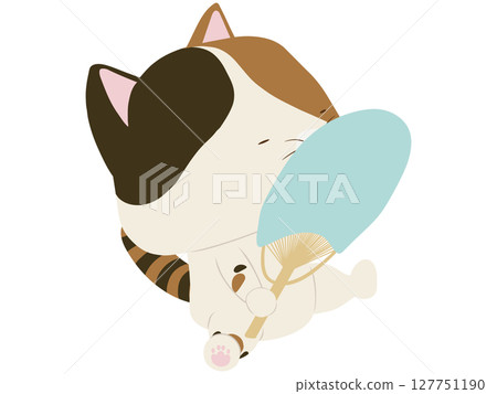 Calico cat fanning himself with a fan 127751190