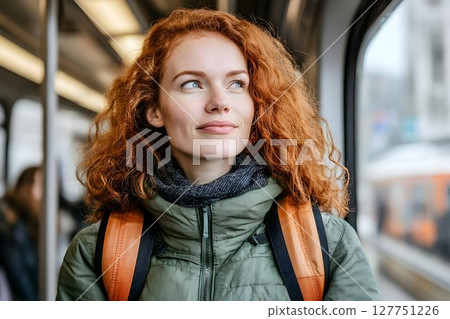Young redhead woman commutes on a train, dreaming about her future adventures 127751226