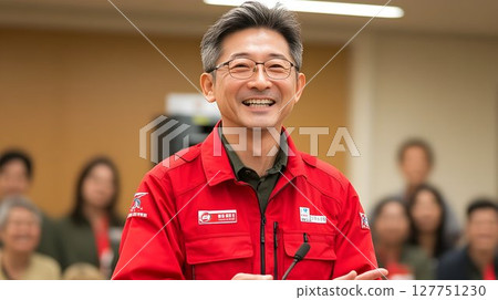 Smiling Asian Speaker Engaging Audience with Passionate Speech and Warmth 127751230