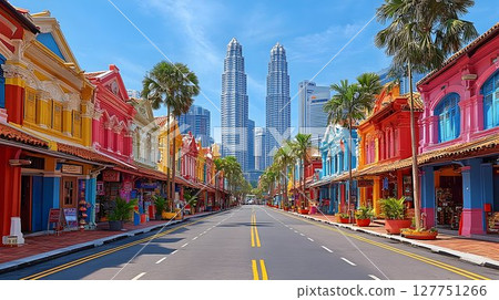 Vibrant streetscape in Kuala Lumpur, Malaysia with Petronas Towers backdrop 127751266