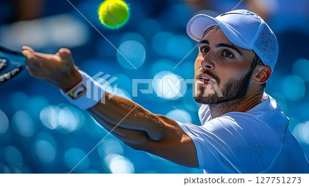 Focused male tennis player in action delivering a powerful serve during match Focused male tennis player in action delivering a powerful serve during match 127751273