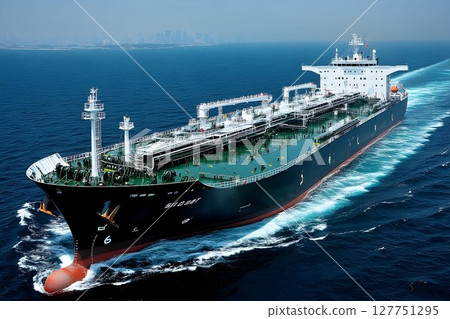 Oil tanker navigating across the sea with a coastline visible in the distance 127751295