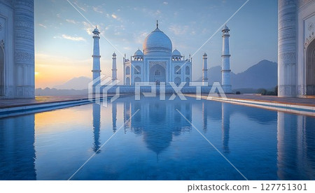Tranquil Reflections: Taj Mahal at Dawn in India with serene pool 127751301