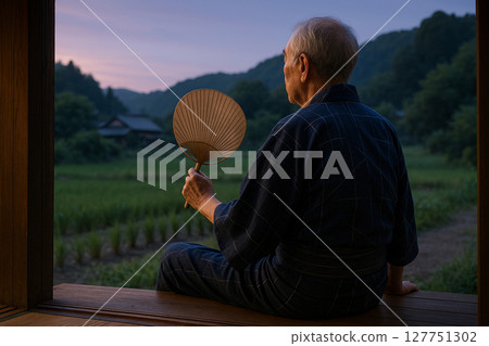 一位老人在陽台上搧風 127751302