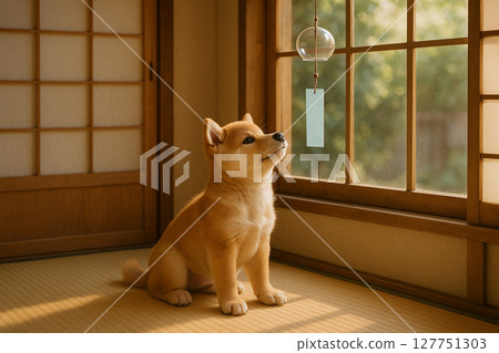 一隻柴犬在日式房間休息，同時看著風鈴 127751303