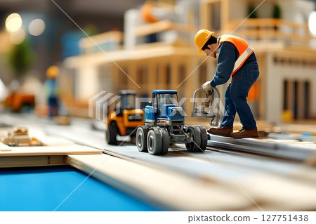 Miniature construction site featuring worker and machinery for building project 127751438