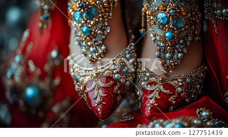 Opulent adornments, intricately jeweled shoes with crimson textile drape 127751439