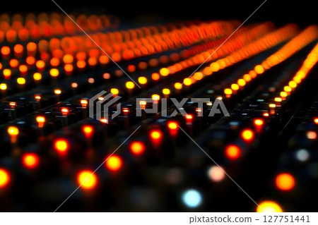 Glowing orange led lights array with bokeh effect in a darkened space 127751441