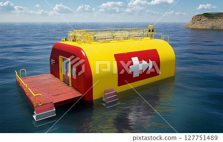 Modern offshore structure floating in calm sea under blue sky and clouds Modern offshore structure floating in calm sea under blue sky and clouds 127751489