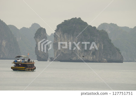 Tourist boat and limestone cliffs. 127751751
