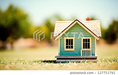 Miniature Turquoise House on Green Field representing real estate or housing 127751791