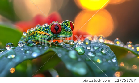 Exotic amphibian adorned with dew droplets in a lush natural setting Exotic amphibian adorned with dew droplets in a lush natural setting 127751797