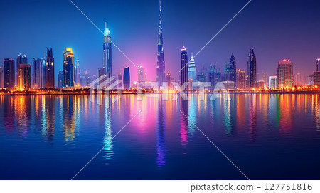 Dubai's modern architecture reflected in the still waters at mesmerizing night 127751816
