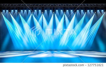 Dynamic Blue Stage Illumination with Focused Beams and Reflective Surface 127751821