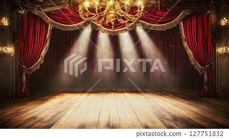 Luxurious theater stage with golden chandelier and velvet red curtains Luxurious theater stage with golden chandelier and velvet red curtains 127751832