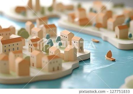 Miniature wooden townscape nestled by a meandering river on a serene afternoon 127751833