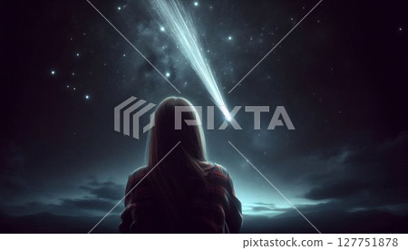 大自然的奧秘：照亮夜空的流星和女人的背影 127751878