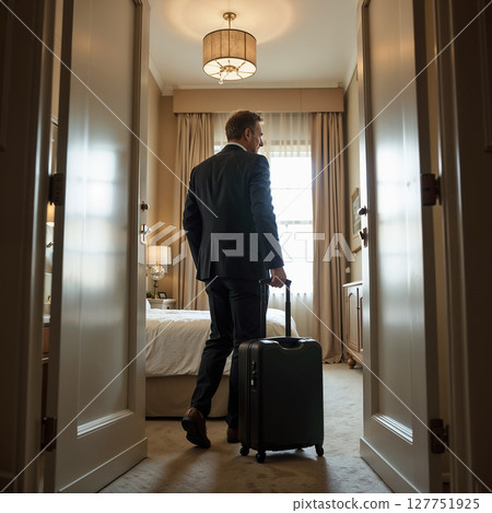 Rear view of a businessman standing in a hotel room with his suitcase. 127751925
