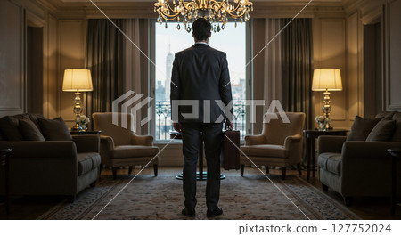 Rear view of a businessman standing in a hotel room with his suitcase. 127752024