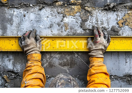 Construction worker carefully measures a freshly plastered wall with a level 127752099