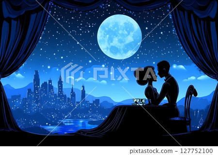 Romantic rendezvous under the celestial glow overlooking a city skyline 127752100