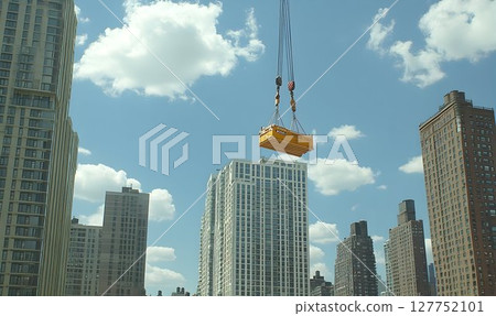 Urban construction scenery featuring crane lifting object above cityscape 127752101