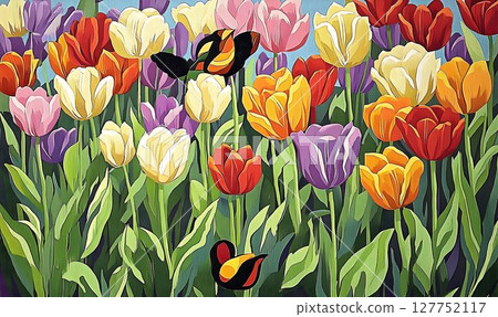 Vibrant tulip garden with whimsical birds in an artistic rendering Vibrant tulip garden with whimsical birds in an artistic rendering 127752117