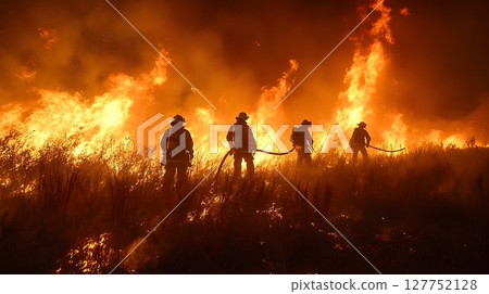Firefighters battling fierce flames in a landscape engulfed by fire Firefighters battling fierce flames in a landscape engulfed by fire 127752128