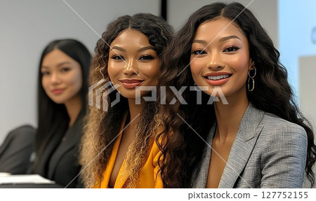 Diverse professional women collaborating in a business environment setting Diverse professional women collaborating in a business environment setting 127752155