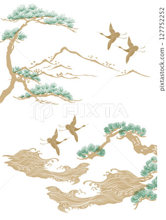 Japanese background with crane birds or herons, mountain, bonsai tree element vector. Hand drawn wave chinese cloud decorations in vintage style. Art abstract banner design. 127752252