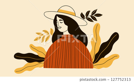 Autumn woman portrait in hat with Autumn Leaves. Minimalist Female Autumnal girl. Line hand drawing. Vector illustration 127752313