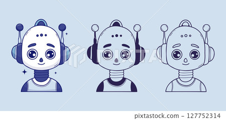 Cute Chatbot Face, Robot, Assistant AI character set. Outline and color hand drawing Avatar for tech support, chatbot, futuristic design, security. Isolated Vector doodles. Not AI Cute Chatbot Face, Robot, Assistant AI character set. Outline and color hand drawing Avatar for tech support, chatbot, futuristic design, security. Isolated Vector doodles. Not AI 127752314