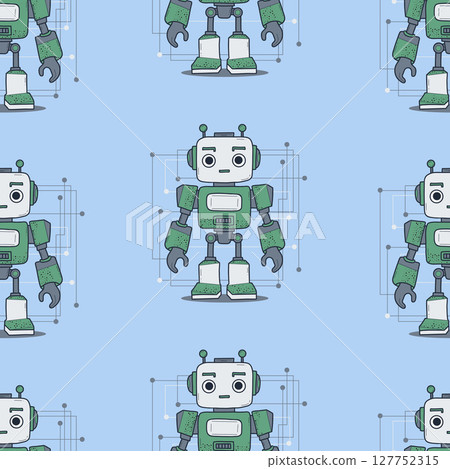 Seamless pattern Cute Futuristic Robot on blue background. Virtual Technology Assistant. Vector illustration. Kids collection. Seamless pattern Cute Futuristic Robot on blue background. Virtual Technology Assistant. Vector illustration. Kids collection. 127752315