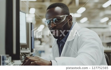 Concentrated african scientist working with computer in laboratory setting 127752385