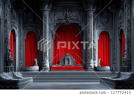 Majestic Throne Room with Red Curtains and Ornate Architectural Details 127752413