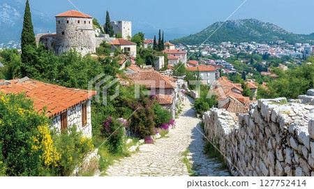 Picturesque view of Trebinje Old Town with stone walls and red tile roofs 127752414
