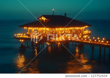 Illuminated oceanfront restaurant on pier at night offers relaxing ambiance 127752434