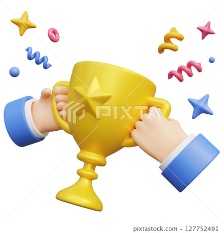 Two hands holding a trophy together 3D graphic Two hands holding a trophy together 3D graphic 127752491