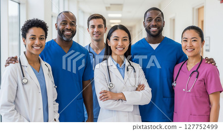 A diverse and confident group of medical professionals stand smiling directly at the camera in a brightly lit hospital corridor. 127752499