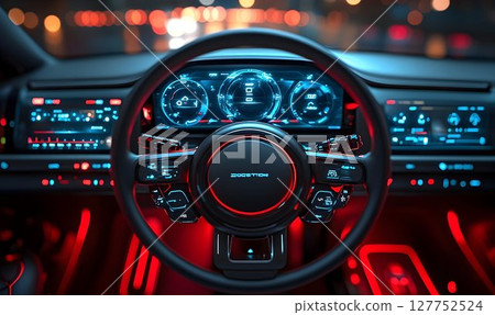 Futuristic car interior with digital dashboard and ambient lighting 127752524