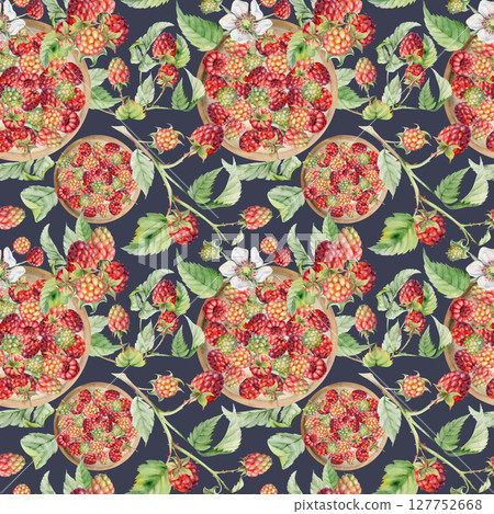 Raspberry berries, branches leaves served on ceramic dish, ripe picked harvest hand drawn in watercolor. Seamless pattern isolated on dark. Farmers market grocery menu, food packaging, wrapping paper Raspberry berries, branches leaves served on ceramic dish, ripe picked harvest hand drawn in watercolor. Seamless pattern isolated on dark. Farmers market grocery menu, food packaging, wrapping paper 127752668
