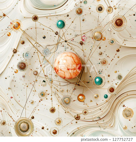 Abstract Network of Spheres: Golden Lines on Cream Canvas. Generative AI 127752727