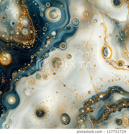 Marble Patterns: Golden Inclusions in Blue and White Waves. Generative AI 127752729